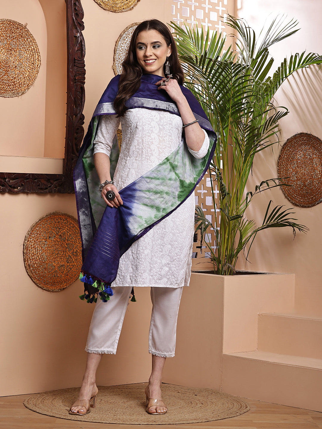 Dupatta- Shibori - Blue n White n Green