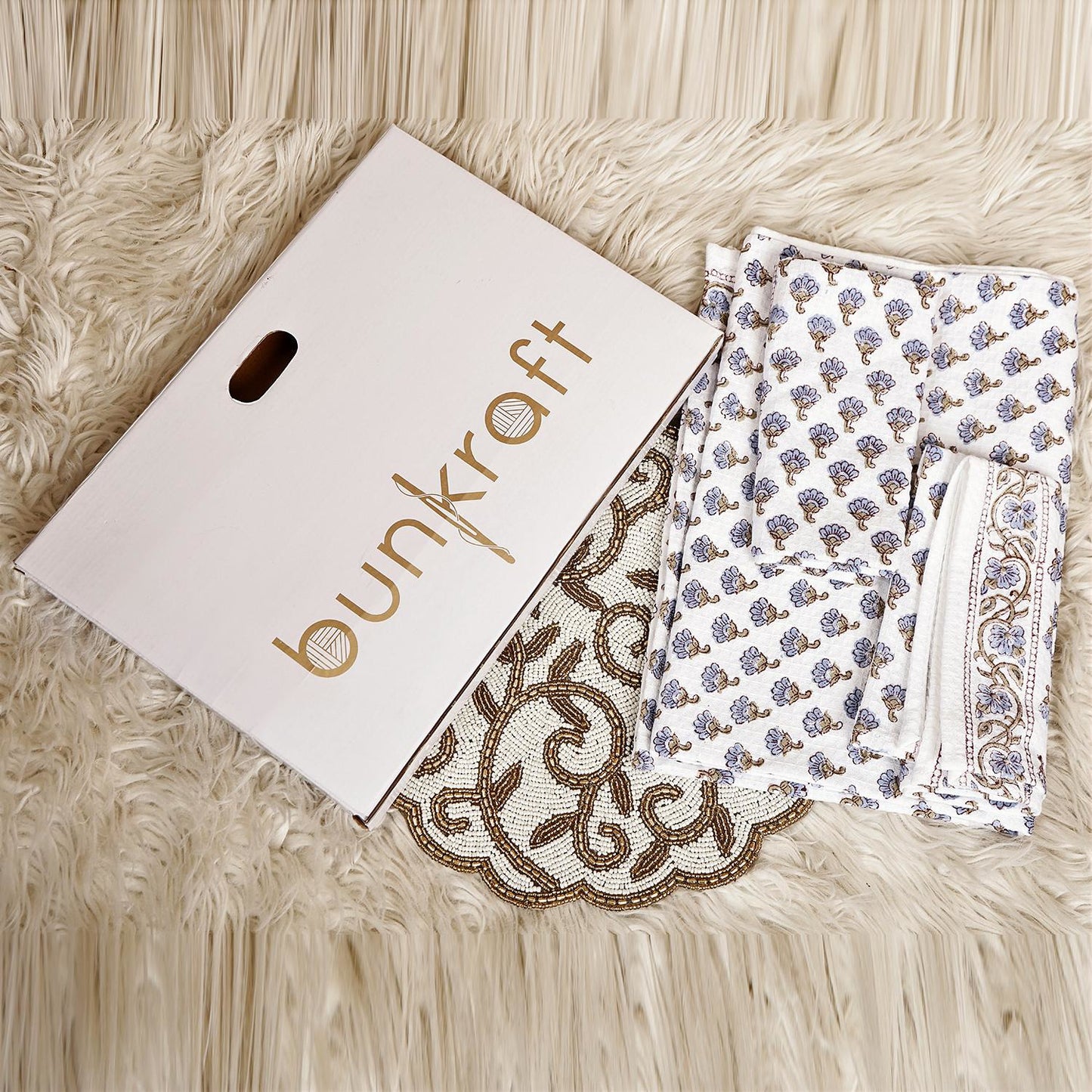Luxury Waffle Cotton Bathrobe & Towel Gift Set – Handblock Print- Mughal Mini Buti