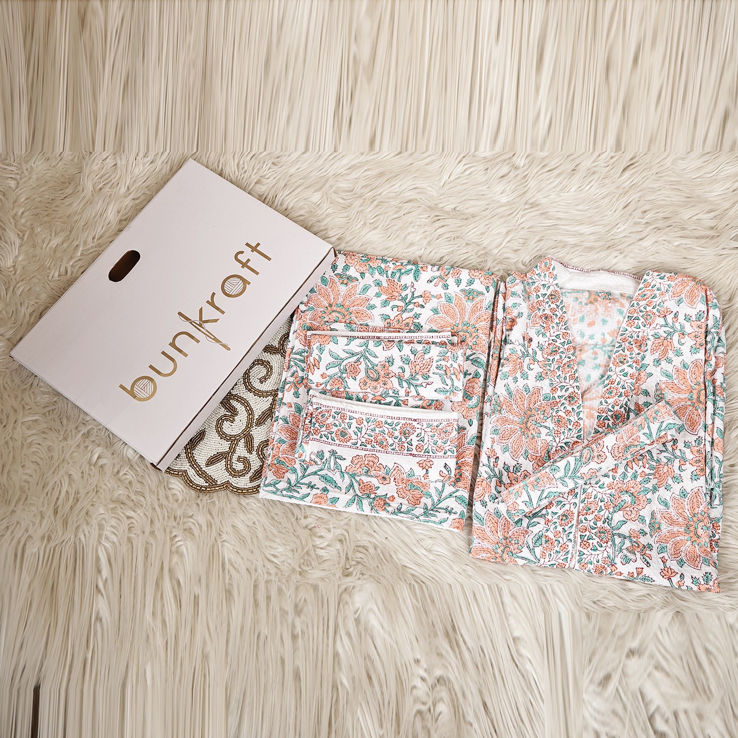 Luxury Waffle Cotton Bathrobe & Towel Gift Set – Handblock Print- Orange Bloom