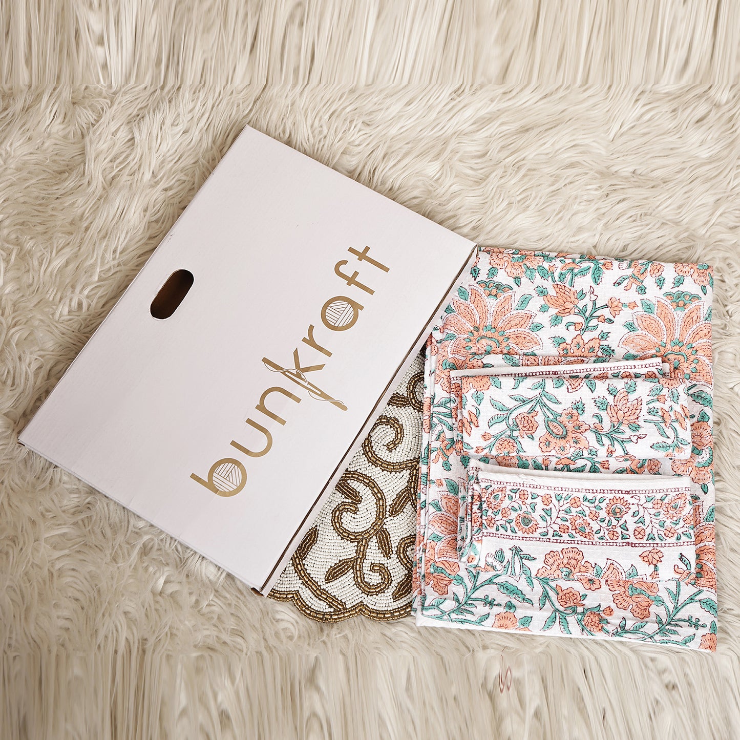 Luxury Waffle Cotton Bathrobe & Towel Gift Set – Handblock Print- Orange Bloom