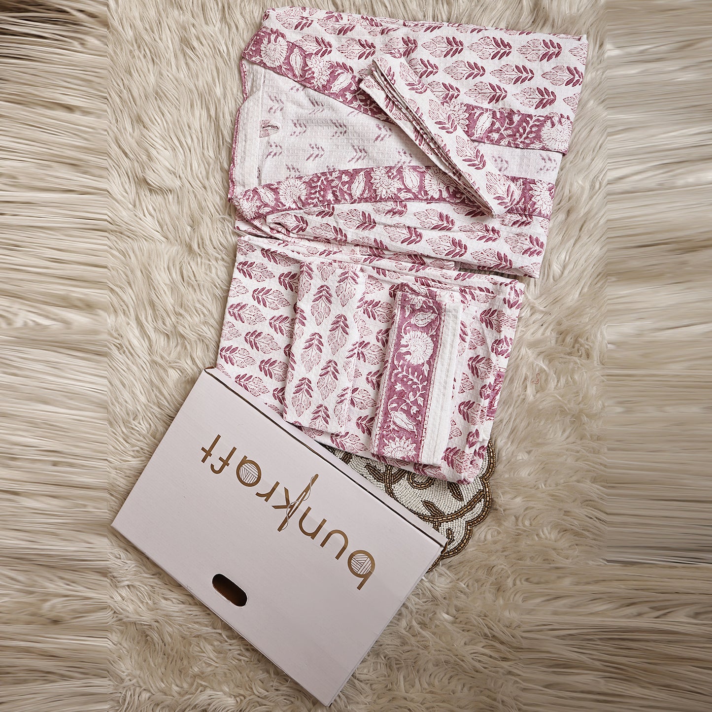 Luxury Waffle Cotton Bathrobe & Towel Gift Set – Handblock Print- Red Leaf