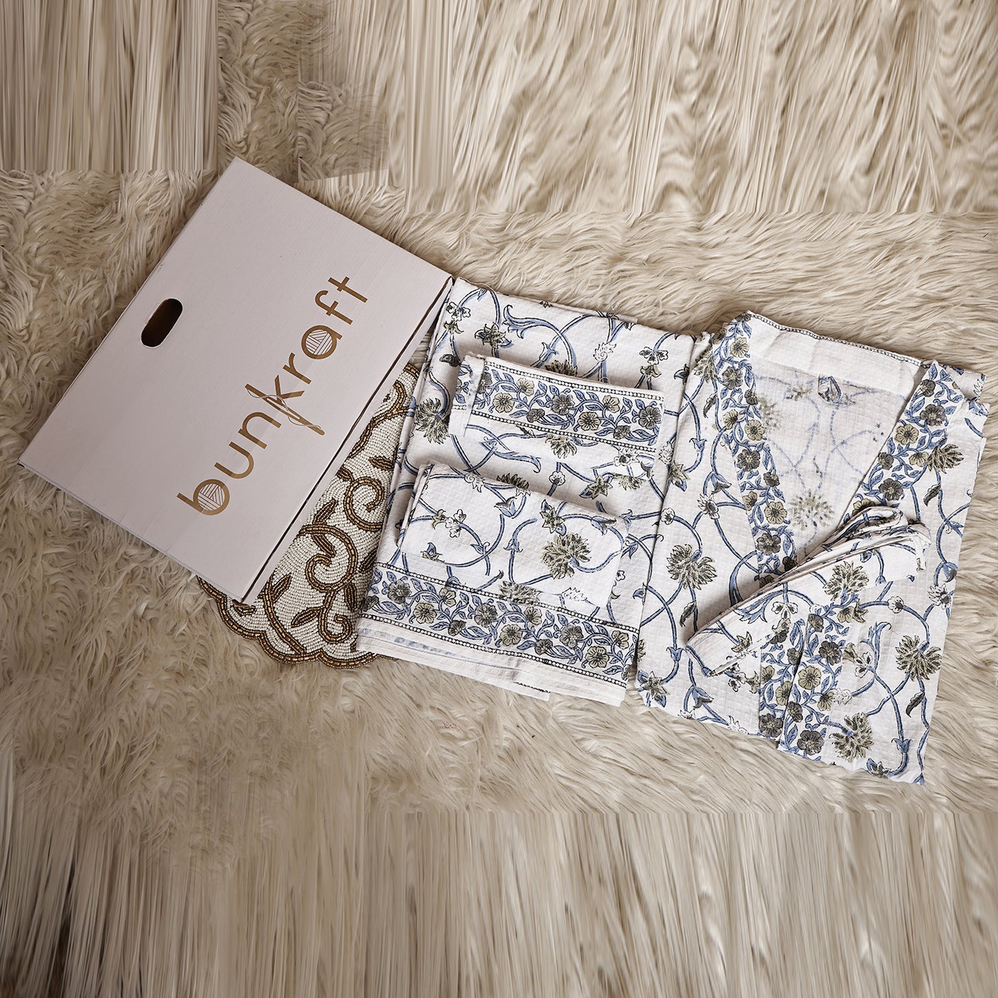 Luxury Waffle Cotton Bathrobe & Towel Gift Set – Handblock Print- Mughal Buta