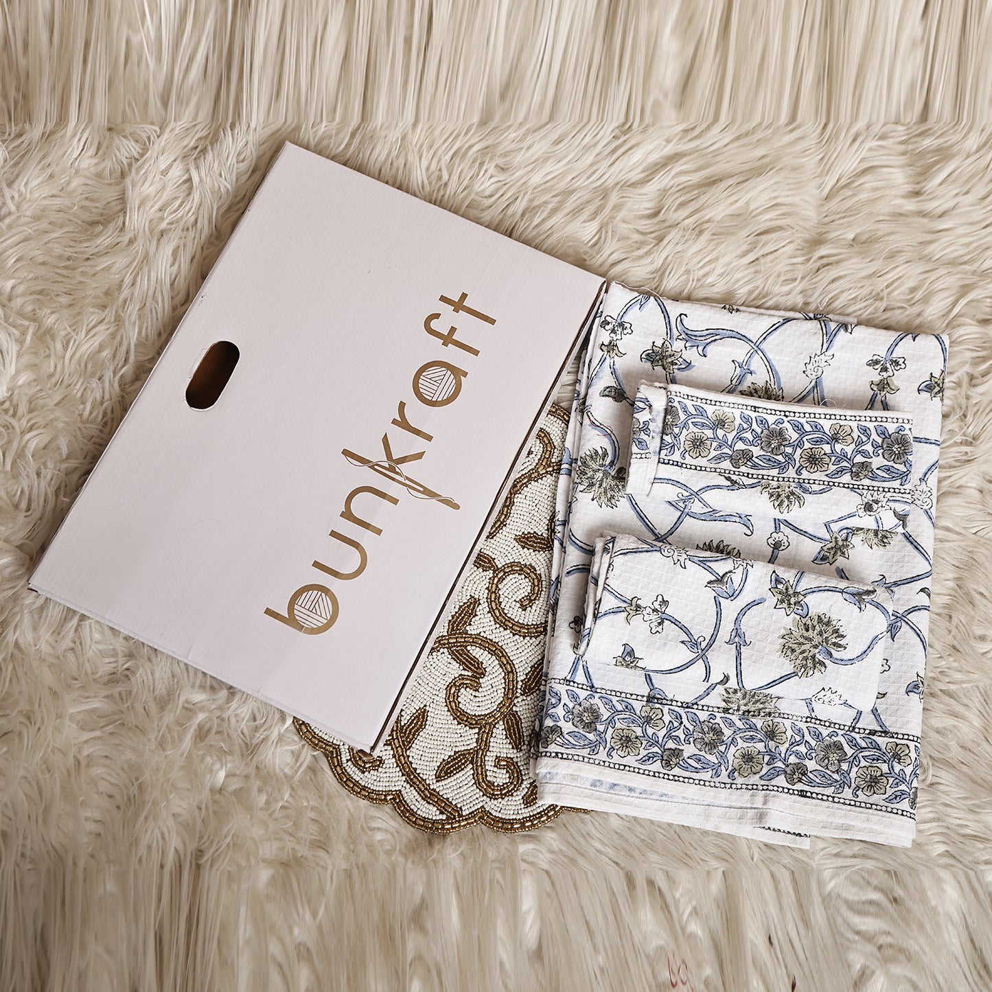 Luxury Waffle Cotton Bathrobe & Towel Gift Set – Handblock Print- Mughal Buta
