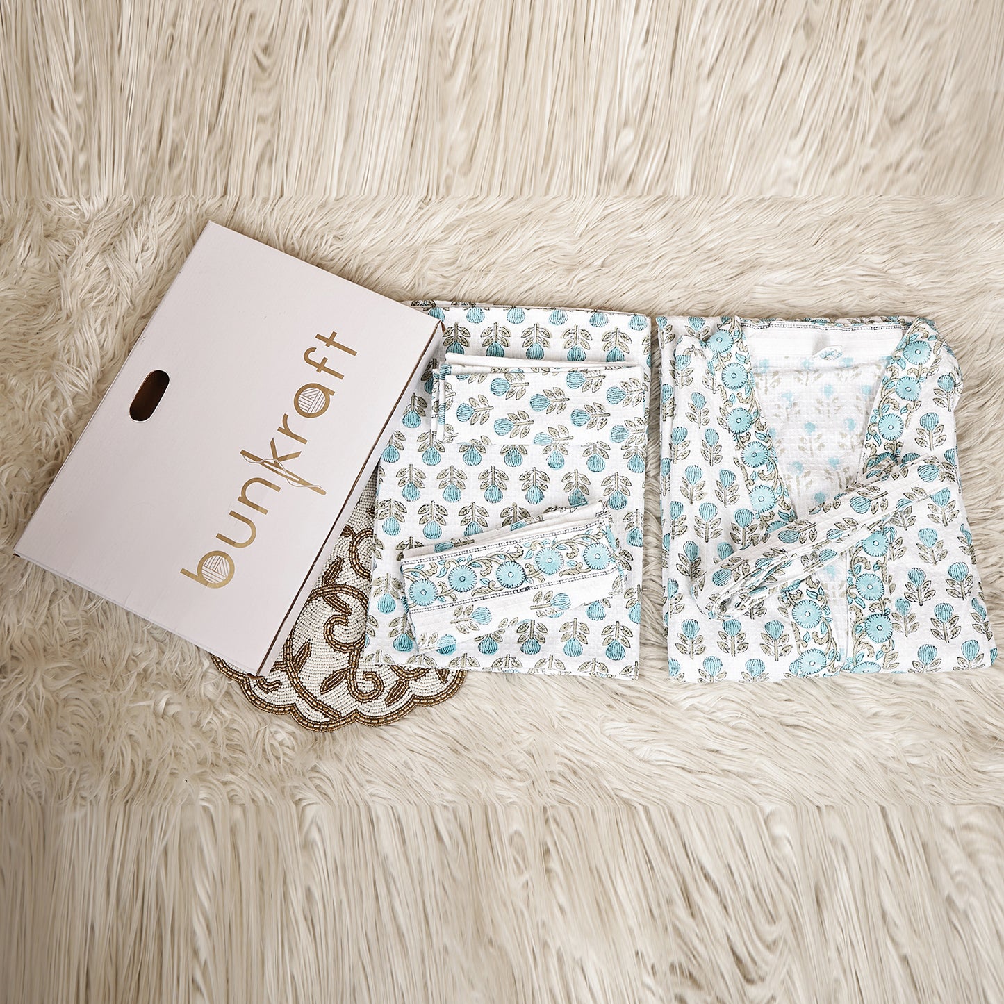 Luxury Waffle Cotton Bathrobe & Towel Gift Set – Handblock Print- Blue Tulip