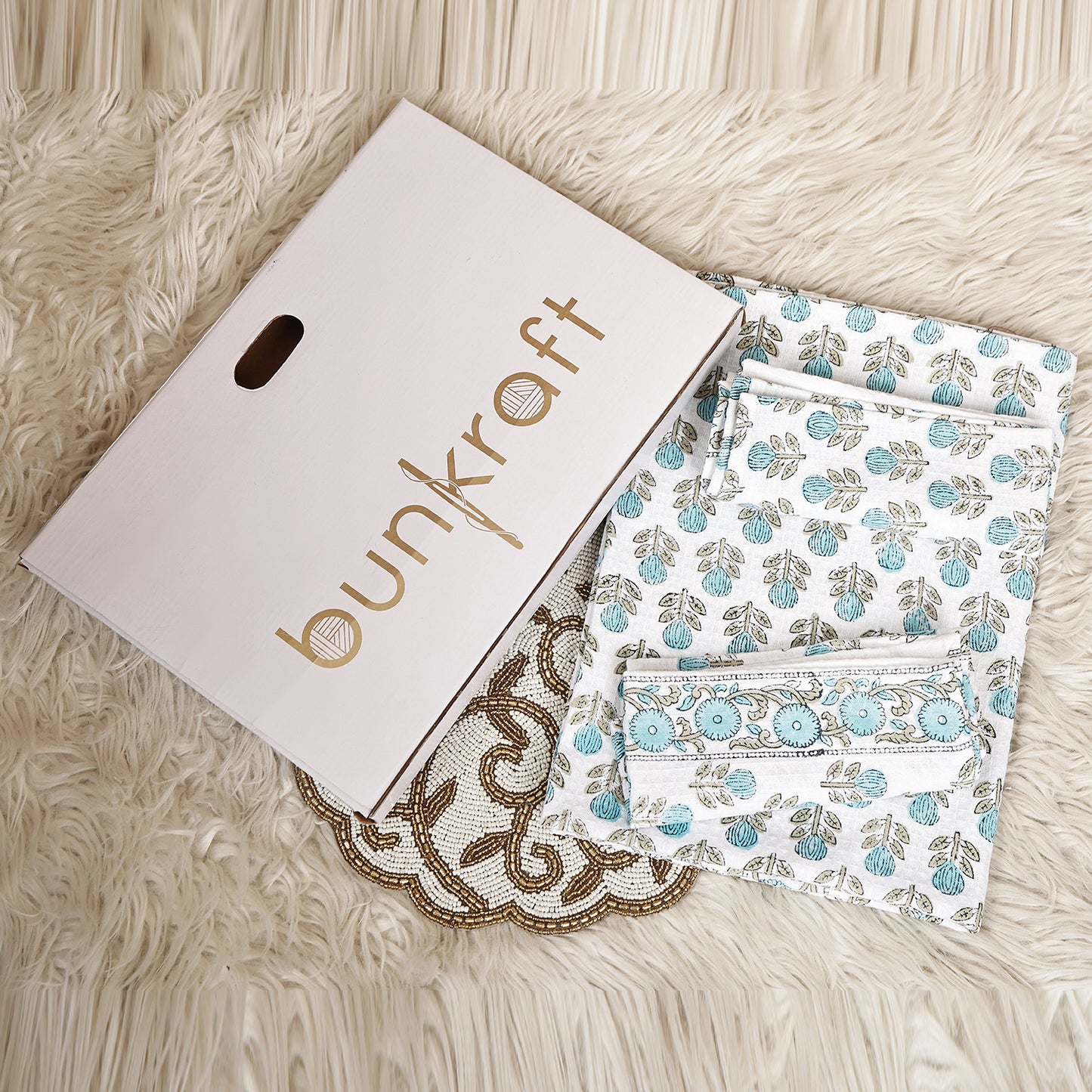 Luxury Waffle Cotton Bathrobe & Towel Gift Set – Handblock Print- Blue Tulip