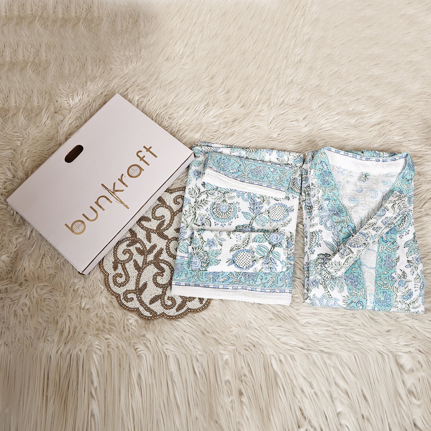 Luxury Waffle Cotton Bathrobe & Towel Gift Set – Handblock Print- Green Tropical