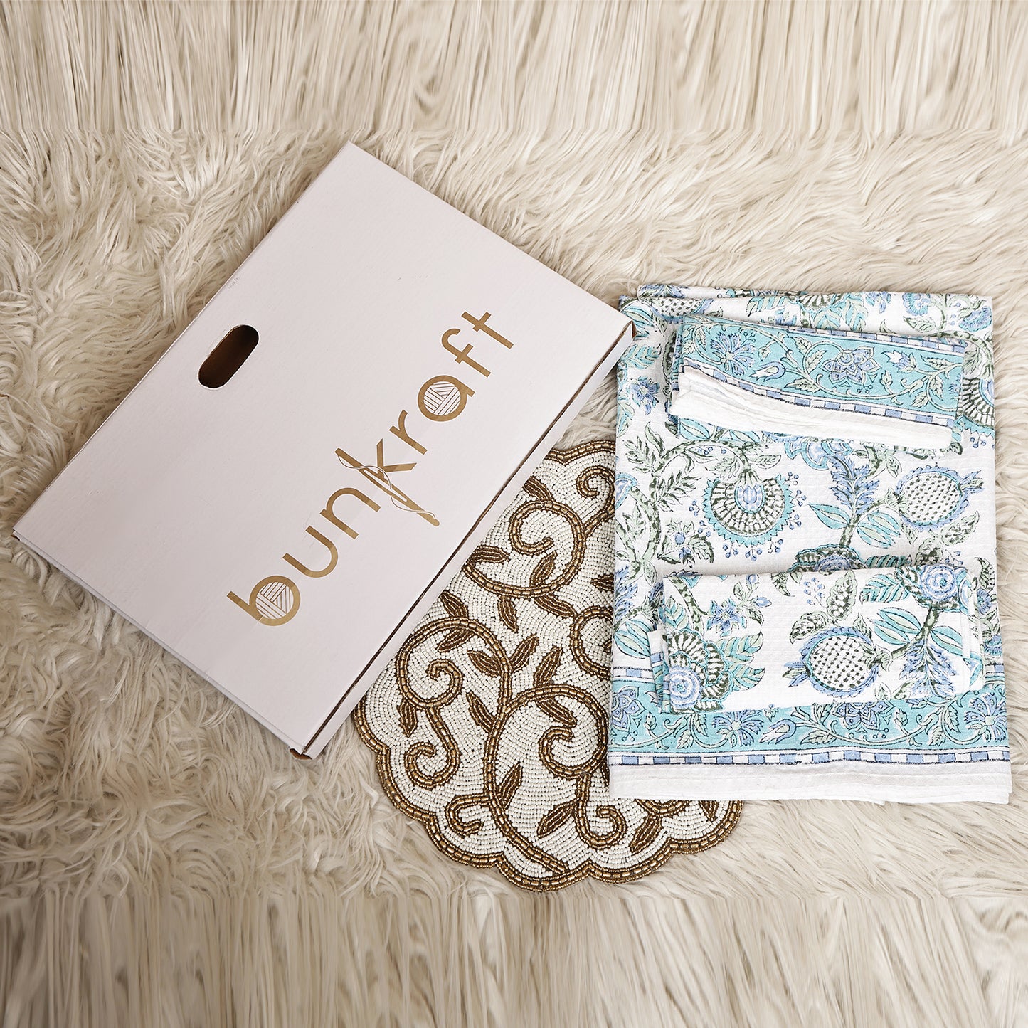 Luxury Waffle Cotton Bathrobe & Towel Gift Set – Handblock Print- Green Tropical