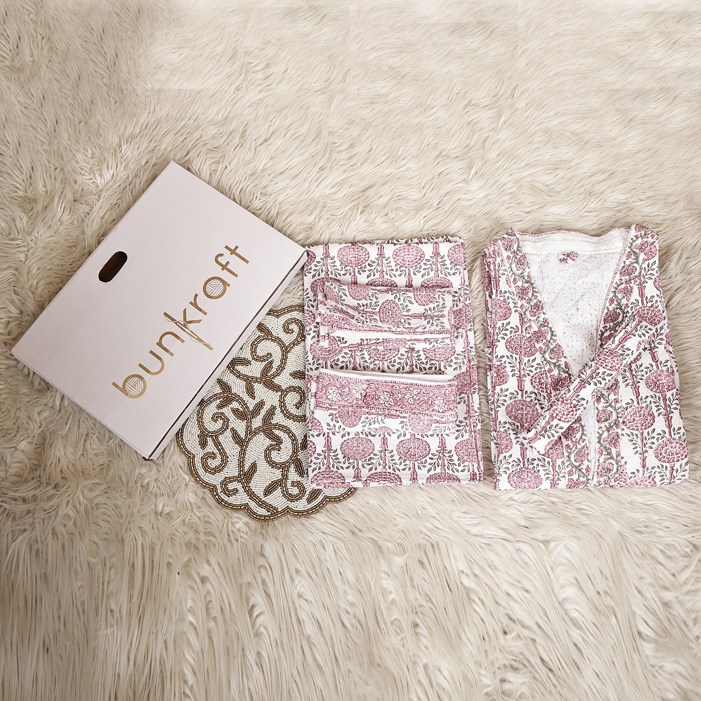 Luxury Waffle Cotton Bathrobe & Towel Gift Set – Handblock Print- Pink Flora