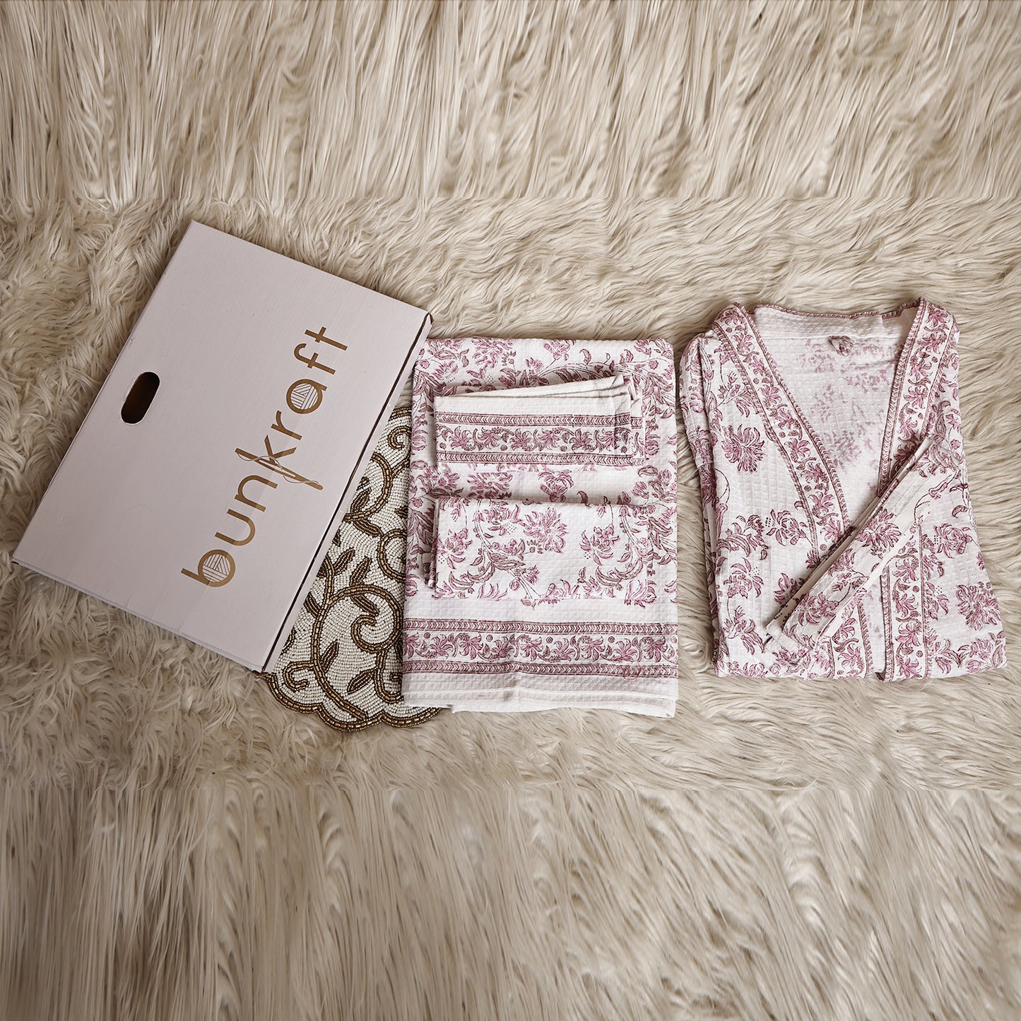 Luxury Waffle Cotton Bathrobe & Towel Gift Set – Handblock Print- Pink Bloom Combo