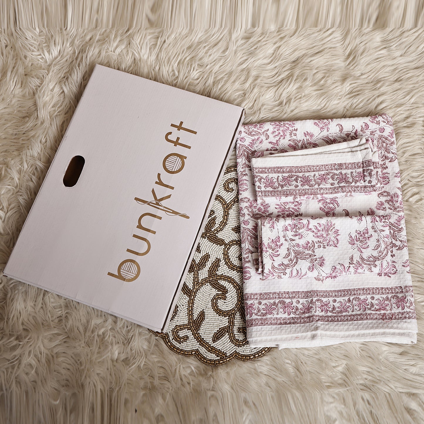 Luxury Waffle Cotton Bathrobe & Towel Gift Set – Handblock Print- Pink Bloom Combo