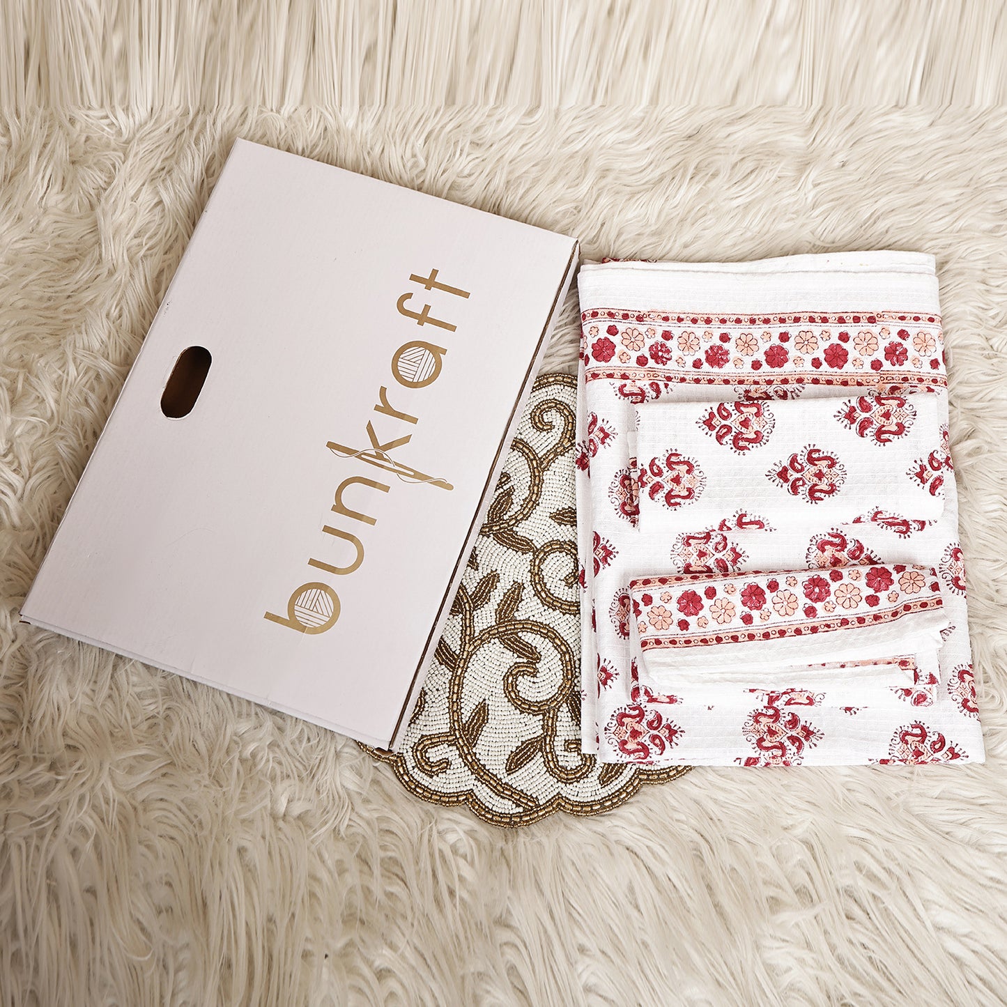 Luxury Waffle Cotton Bathrobe & Towel Gift Set – Handblock Print- Red Paisley