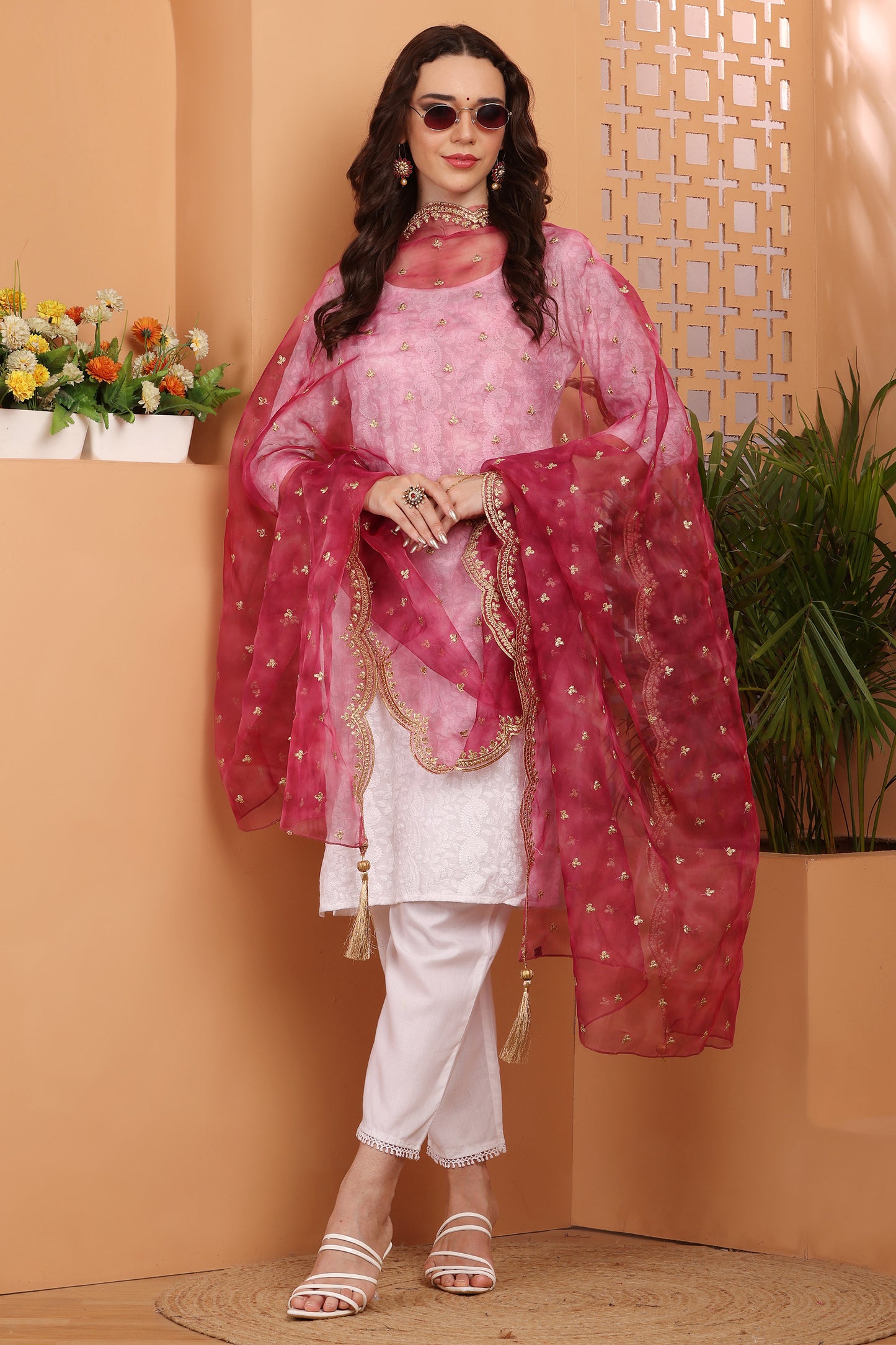 Dupatta-Organza Print Zari Buti- Pink