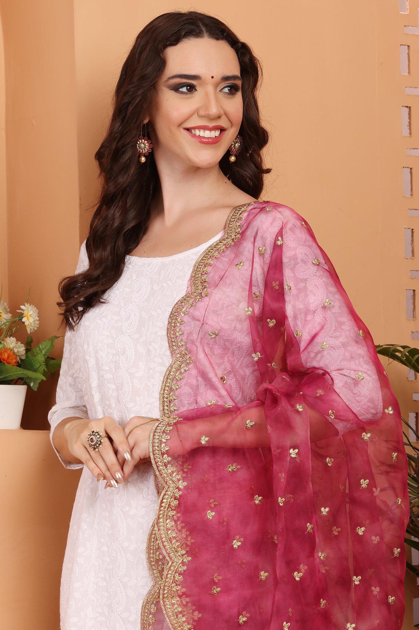Dupatta-Organza Print Zari Buti- Pink