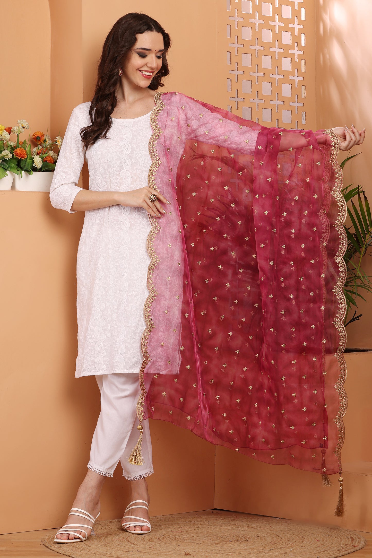 Dupatta-Organza Print Zari Buti- Pink