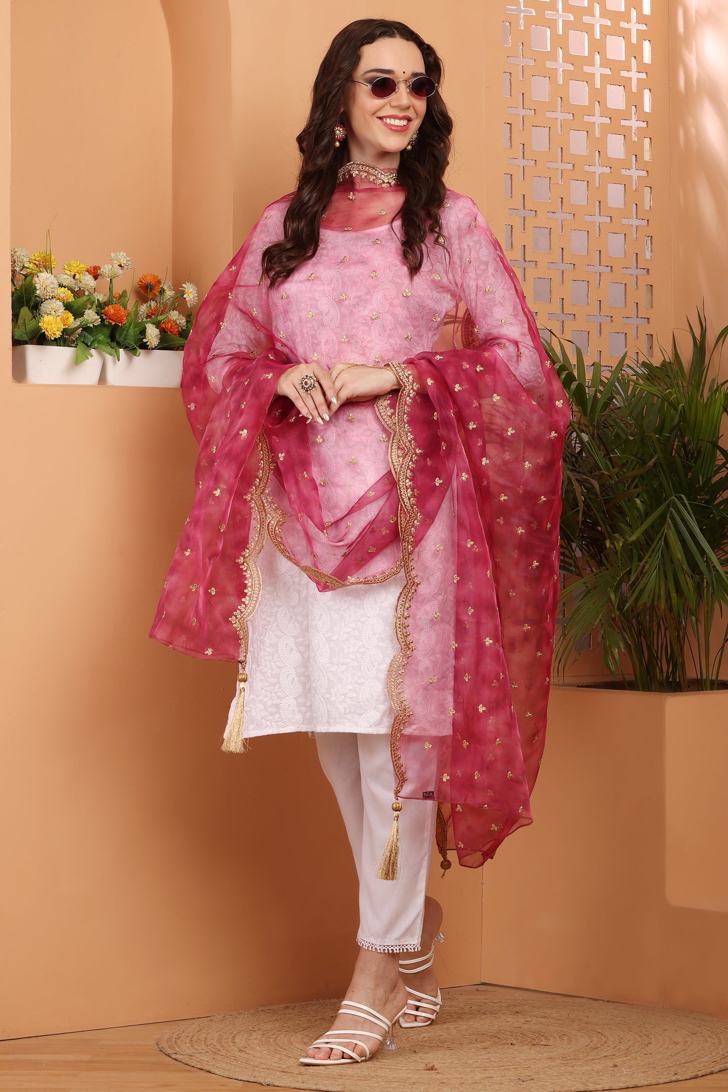 Dupatta-Organza Print Zari Buti- Pink