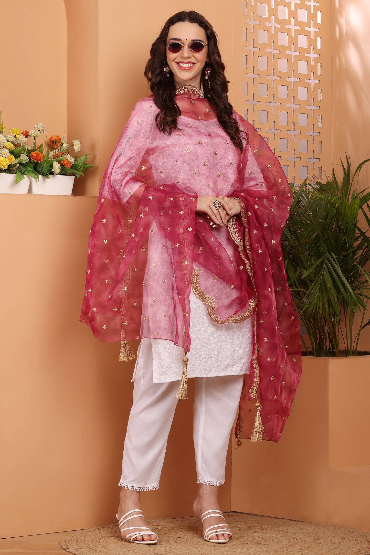 Dupatta-Organza Print Zari Buti- Pink