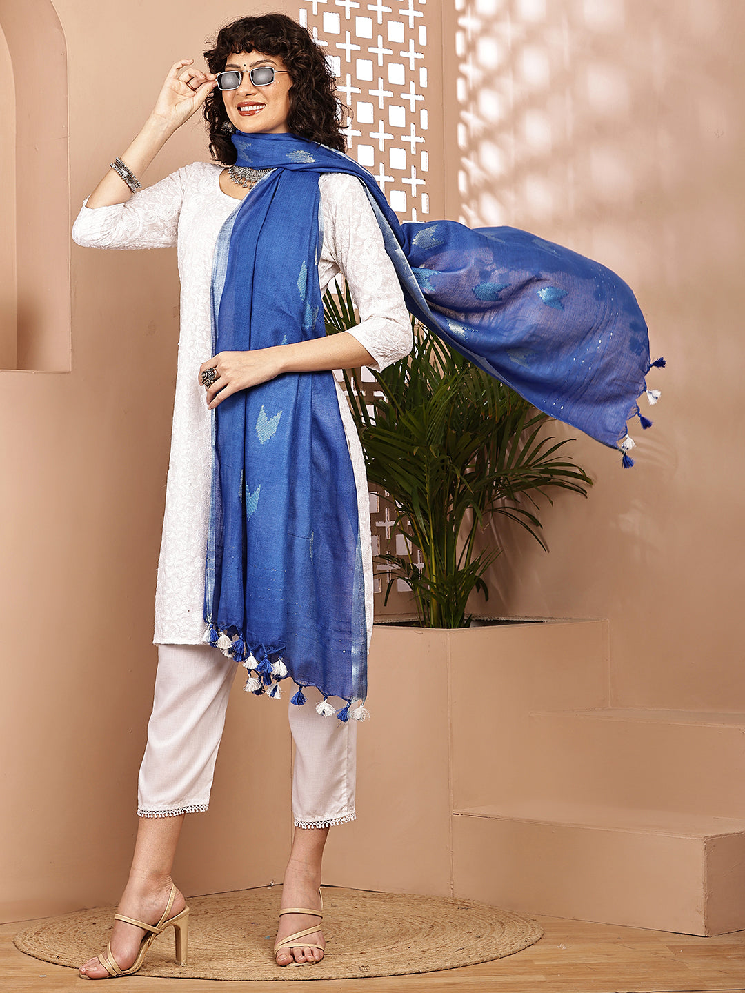 Dupatta-Cotton Zari Ikkat Buta - Blue