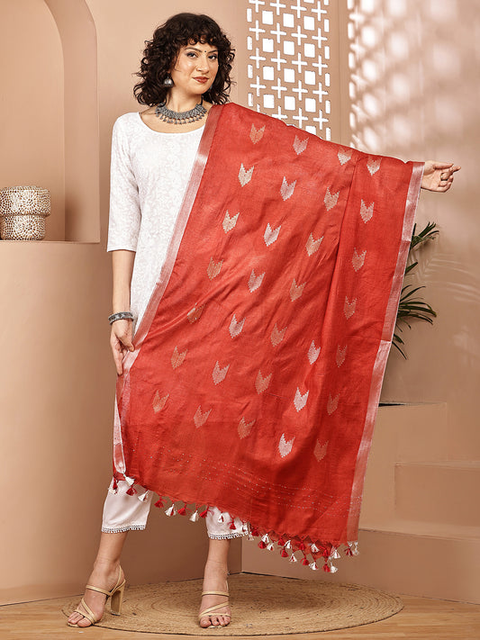Dupatta-Cotton Zari Ikkat Buta - Red