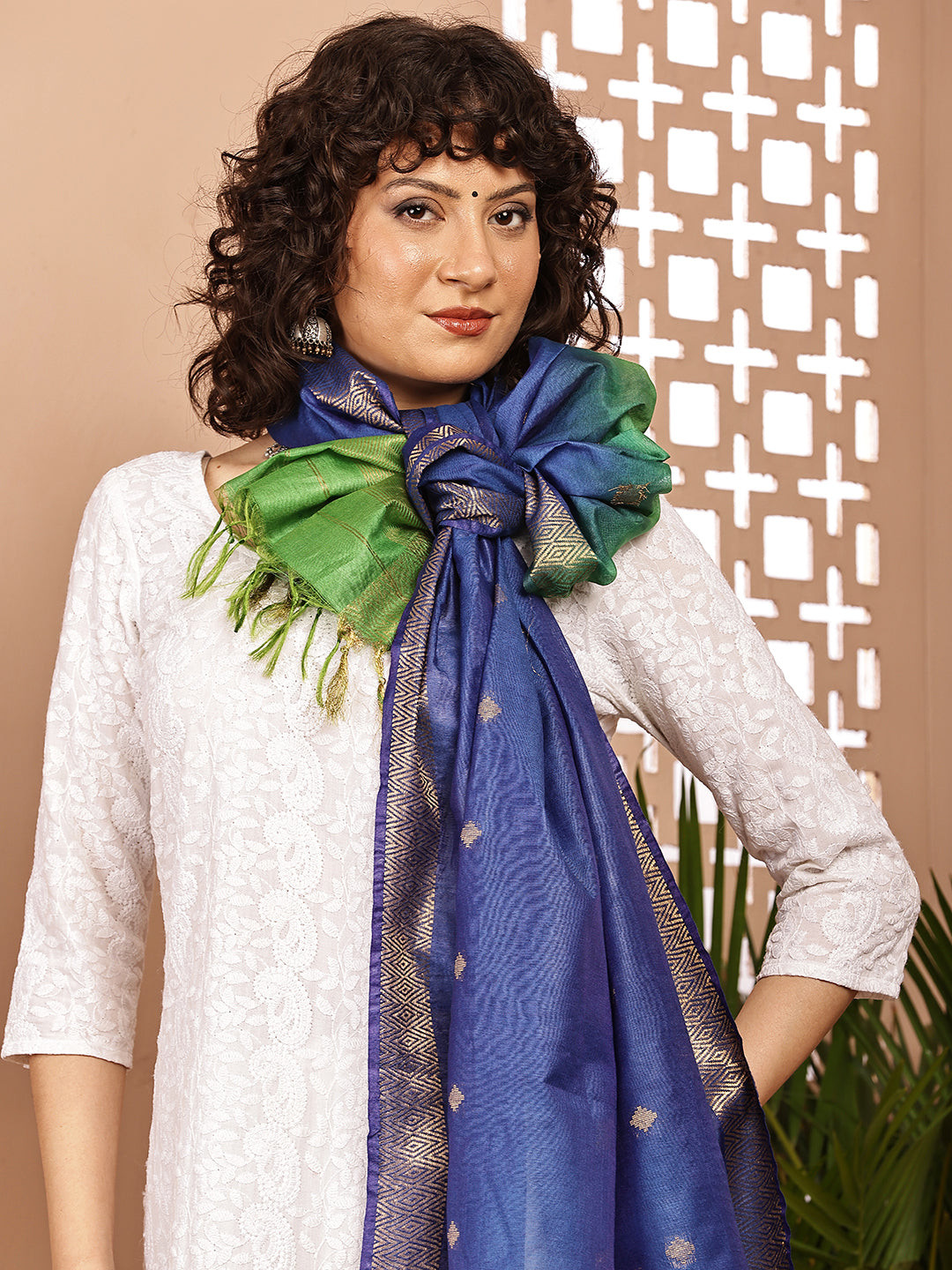 Dupatta-Cotton Silk - Gold Zari Buti-Green+Blue