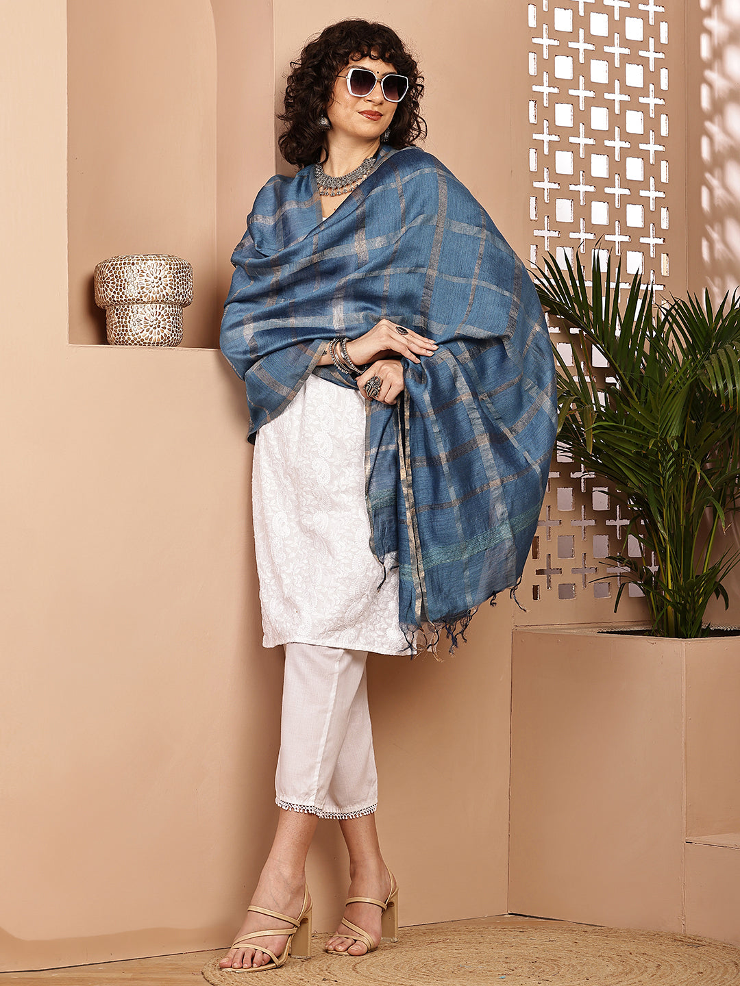 Dupatta- Muga- Indigo Zari Check