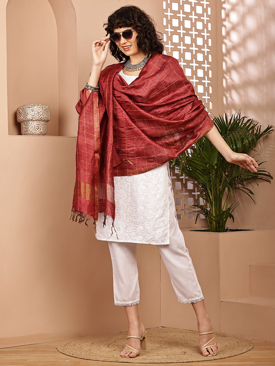 Dupatta- Muga- Brick Red Zari Check