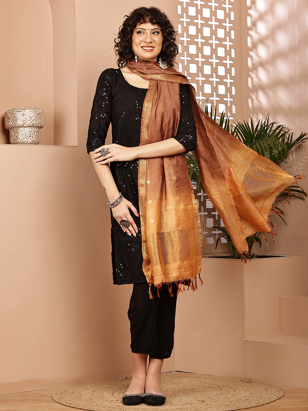 Dupatta-Cotton Silk - Gold Zari Buti-Brown+Beige