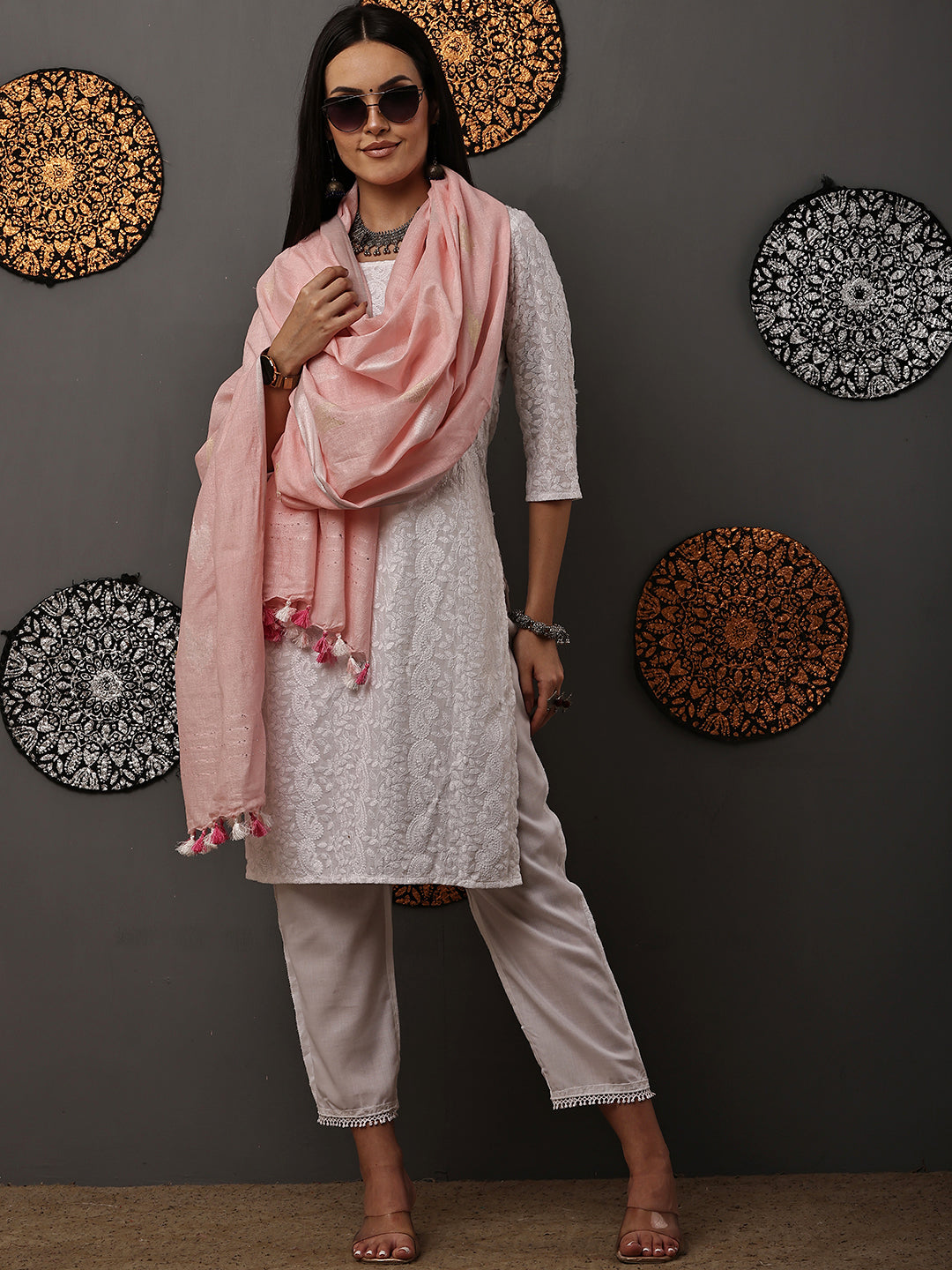 Dupatta-Cotton Zari Ikkat Buta - Baby Pink