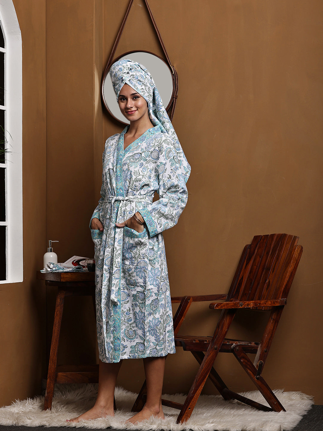 Luxury Waffle Cotton Bathrobe & Towel Gift Set – Handblock Print- Green Tropical