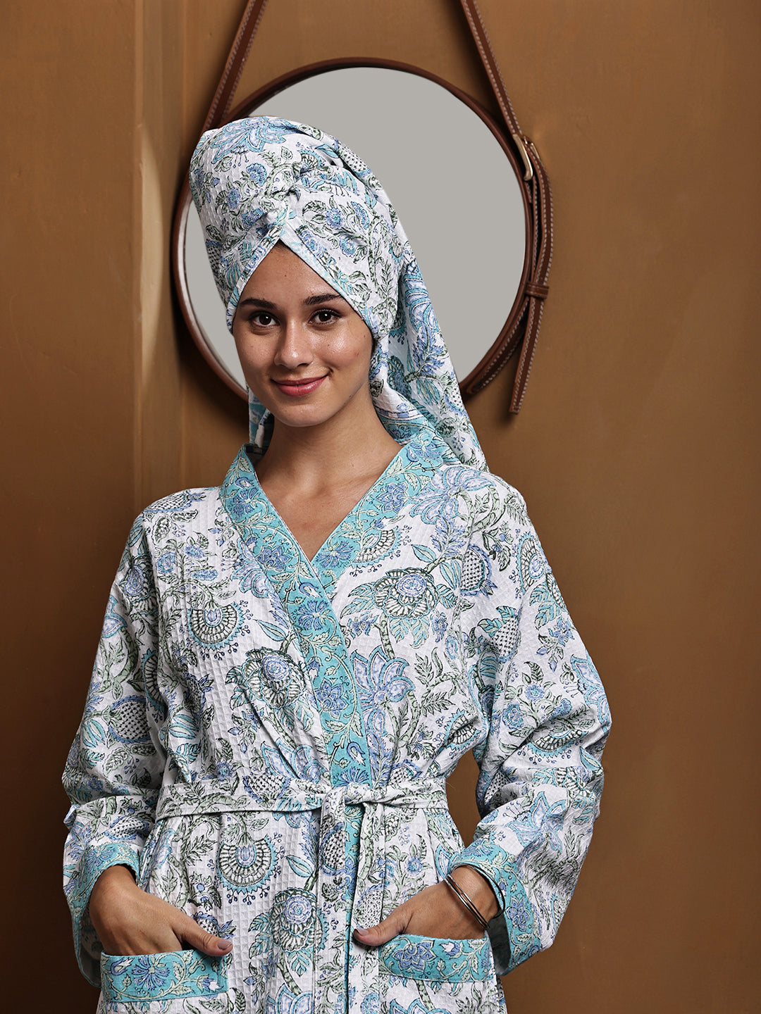 Luxury Waffle Cotton Bathrobe & Towel Gift Set – Handblock Print- Green Tropical