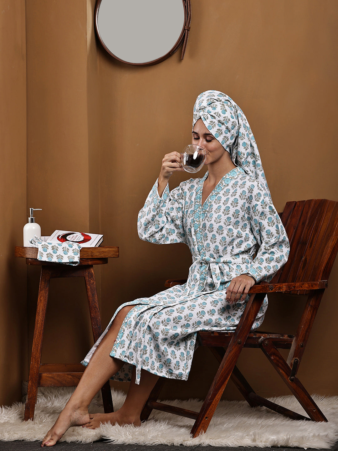 Luxury Waffle Cotton Bathrobe & Towel Gift Set – Handblock Print- Blue Tulip
