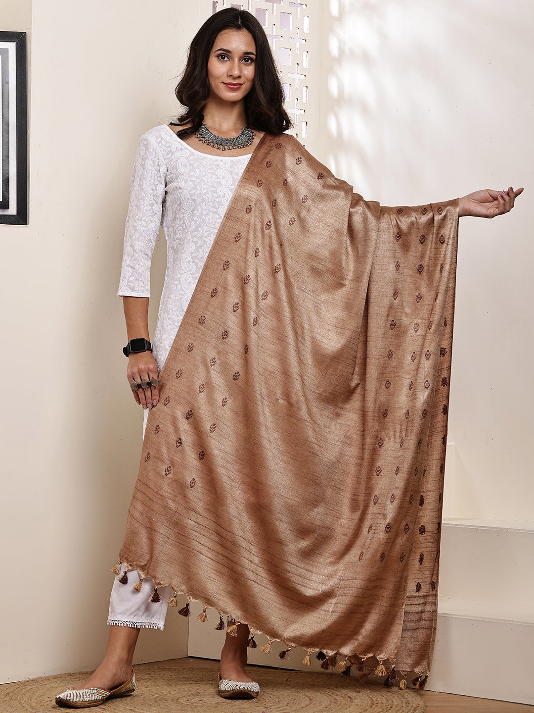 Dupatta-Cotton Silk - Copper Brown Border Buti
