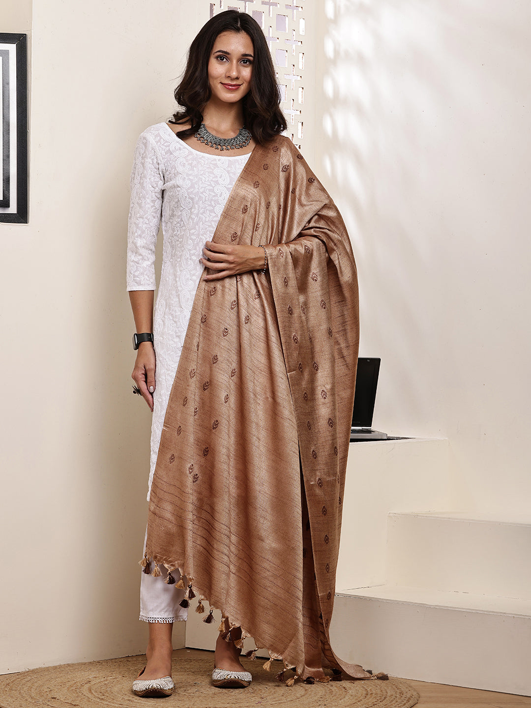 Dupatta-Cotton Silk - Copper Brown Border Buti