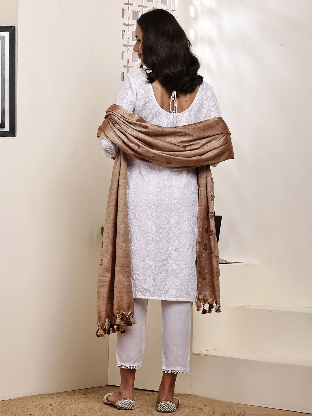 Dupatta-Cotton Silk - Copper Brown Border Buti
