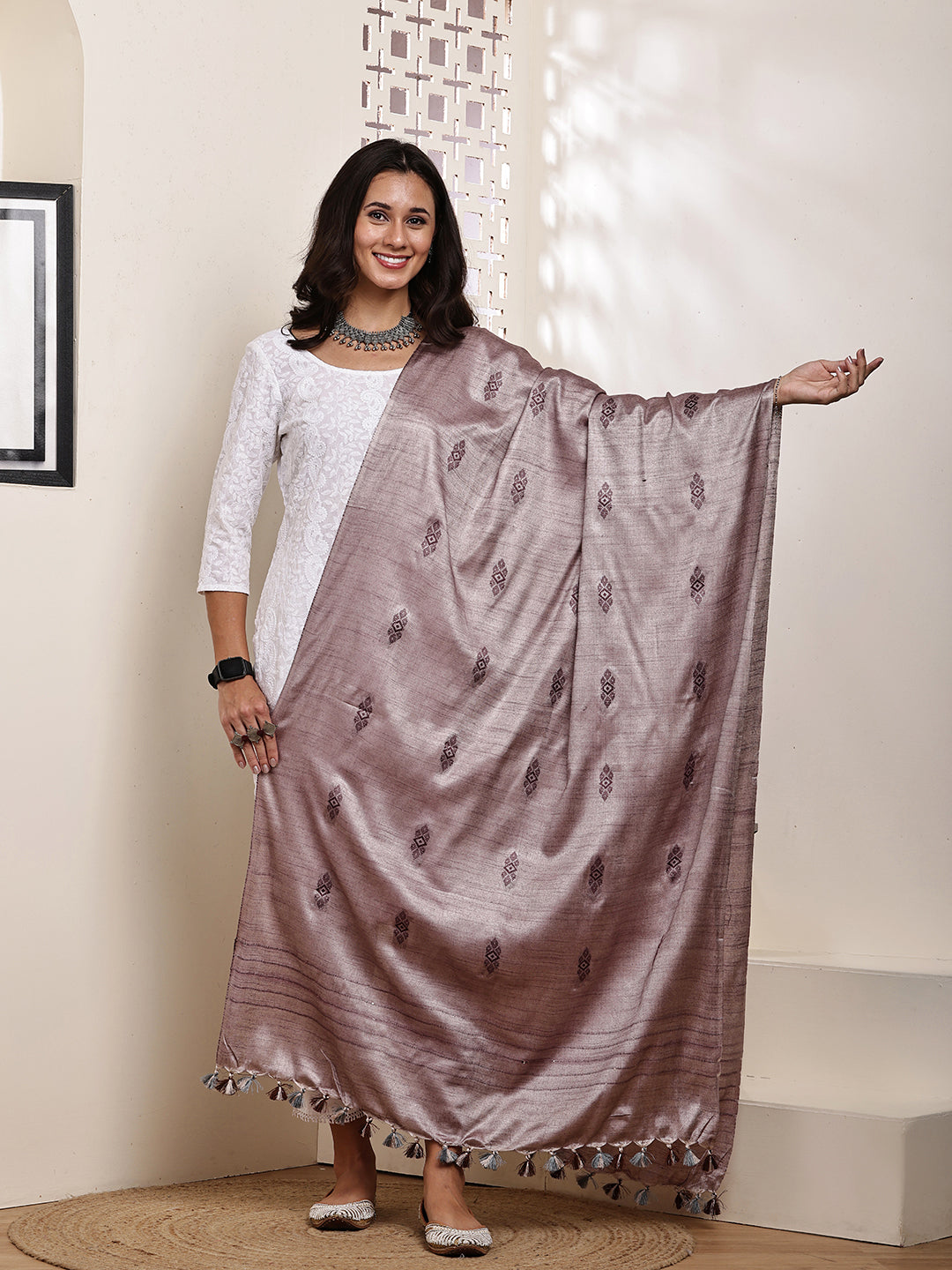 Dupatta-Cotton Silk - Purple All Over Buti
