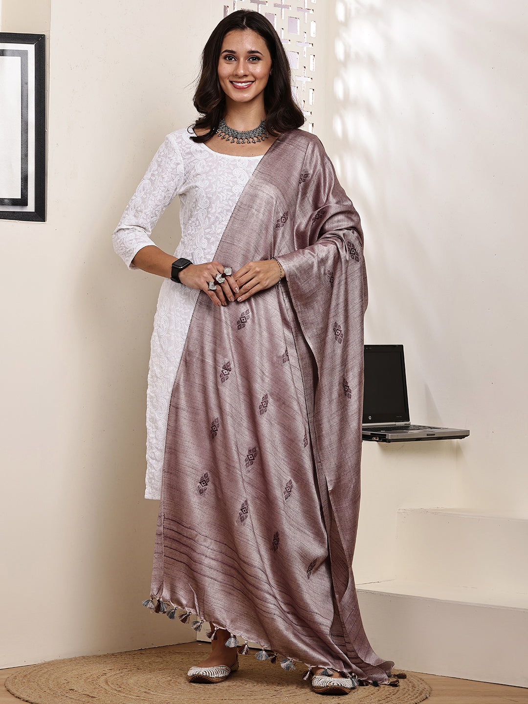 Dupatta-Cotton Silk - Purple All Over Buti