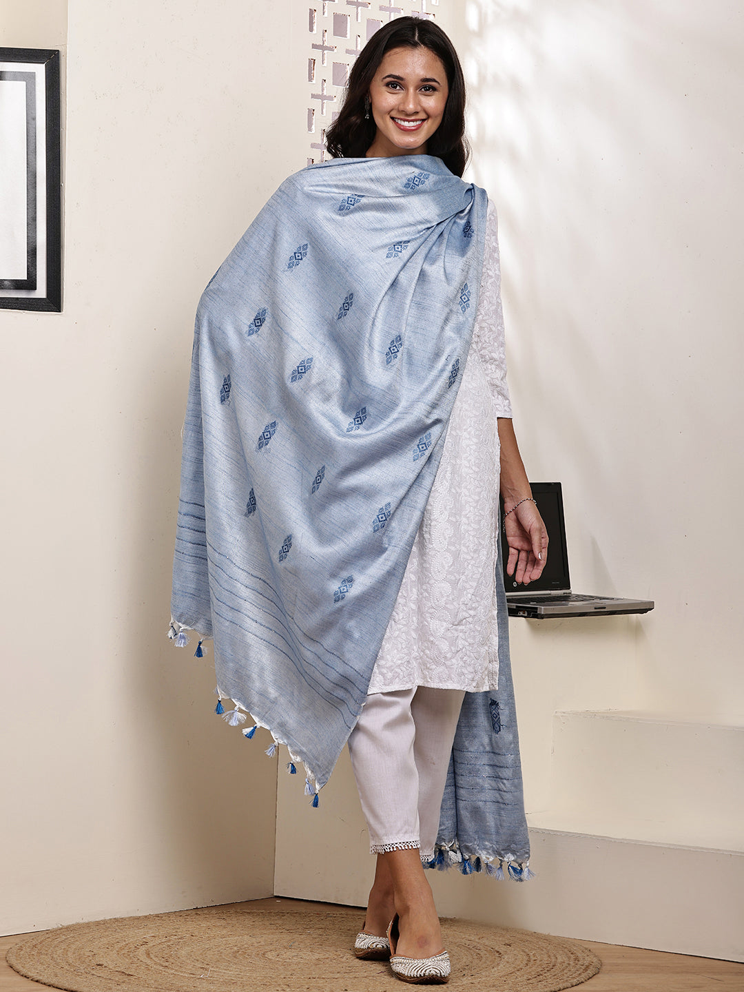 Dupatta-Cotton Silk - Blue All Over Buti
