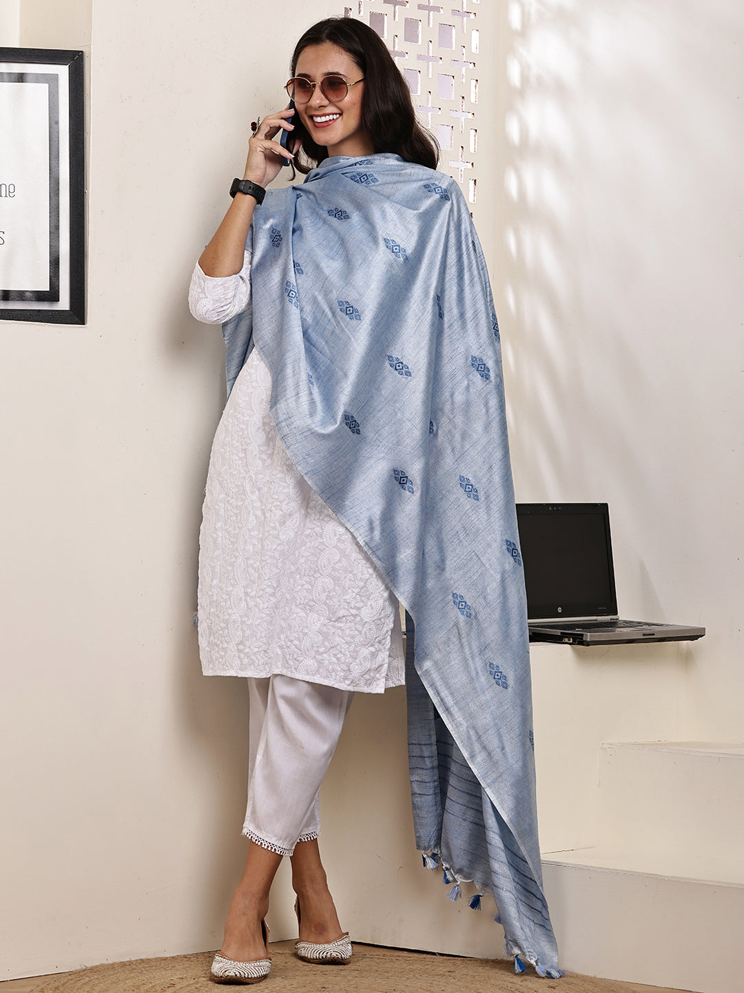 Dupatta-Cotton Silk - Blue All Over Buti