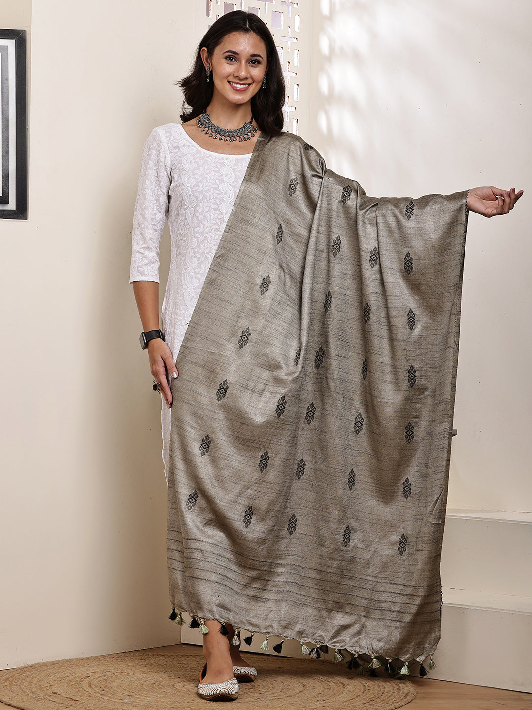 Dupatta-Cotton Silk - Olive Green All Over Buti