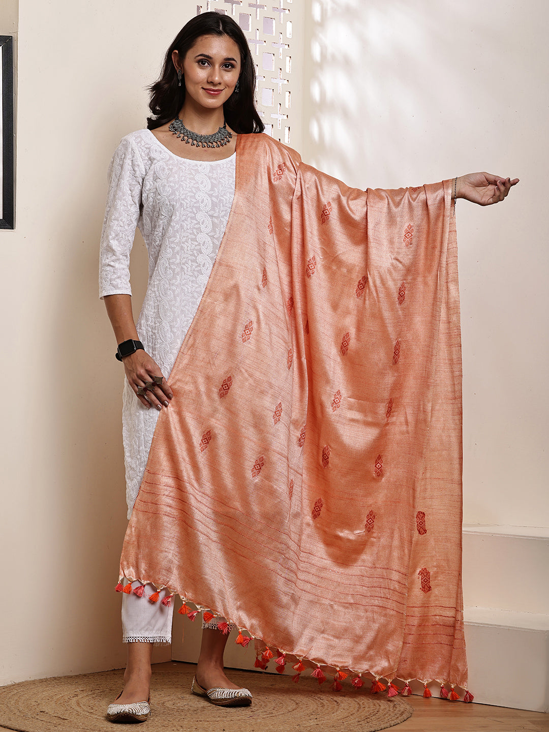 Dupatta-Cotton Silk - Orange All Over Buti