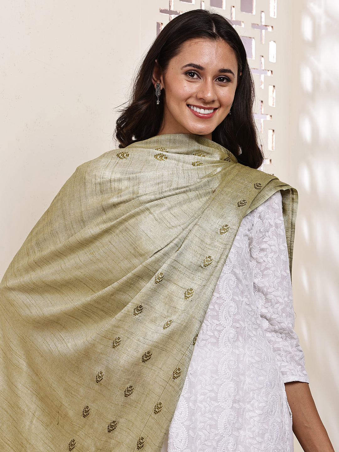 Dupatta-Cotton Silk - Green Border Buti