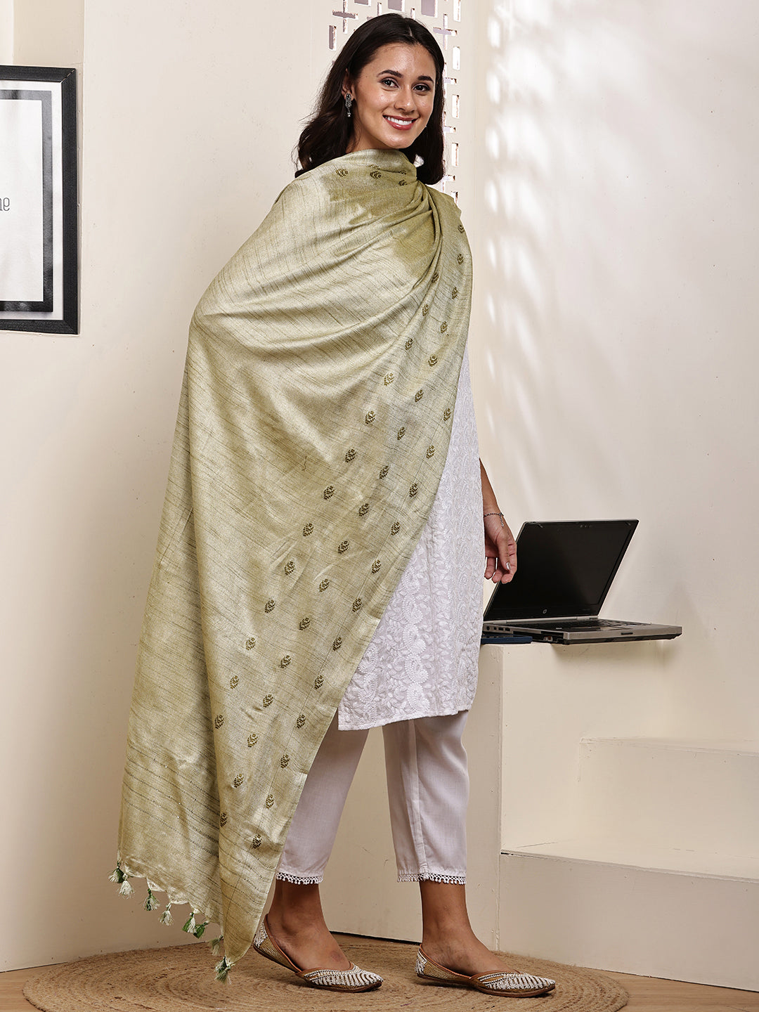 Dupatta-Cotton Silk - Green Border Buti
