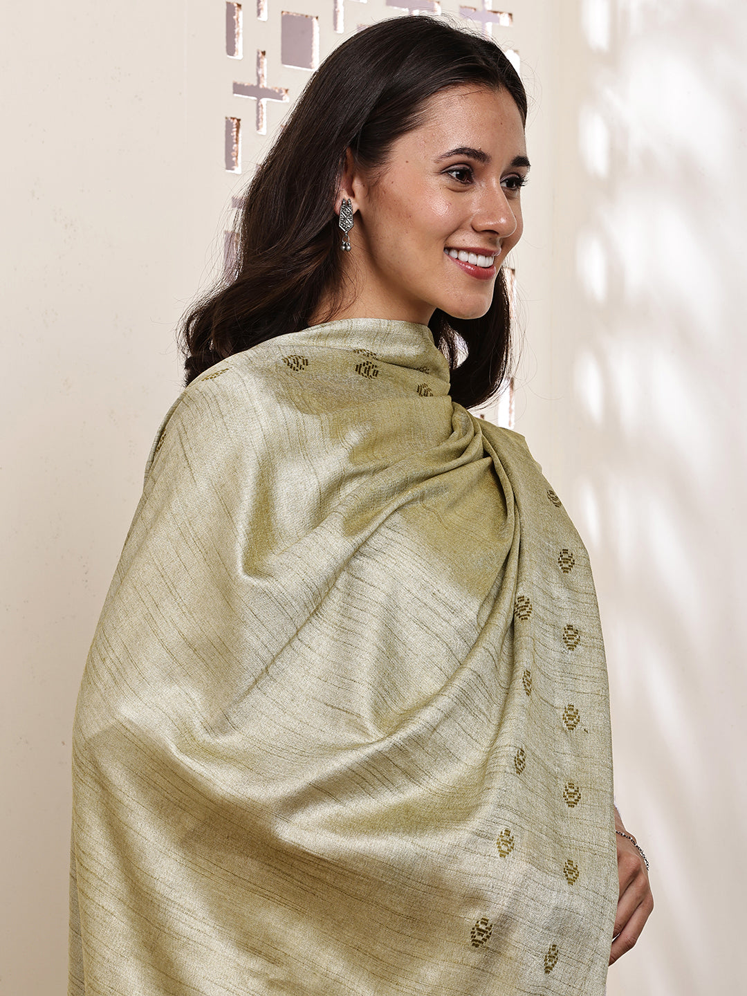 Dupatta-Cotton Silk - Green Border Buti