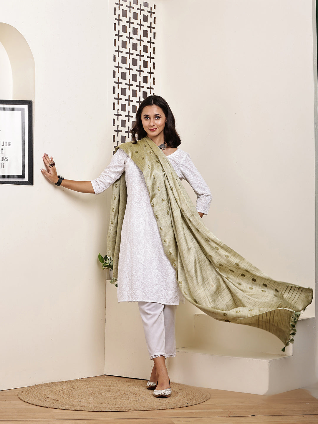 Dupatta-Cotton Silk - Green Border Buti