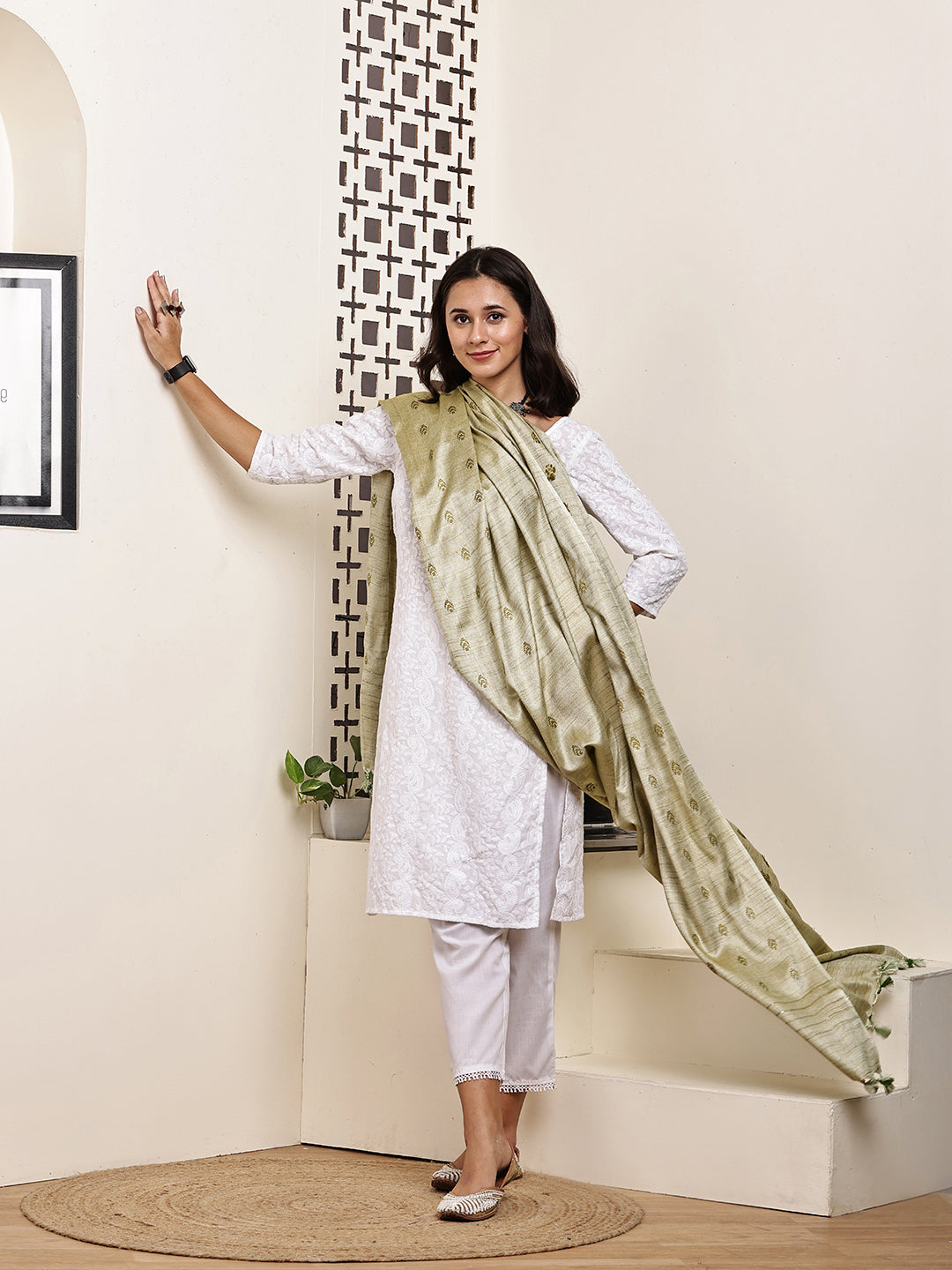 Dupatta-Cotton Silk - Green Border Buti