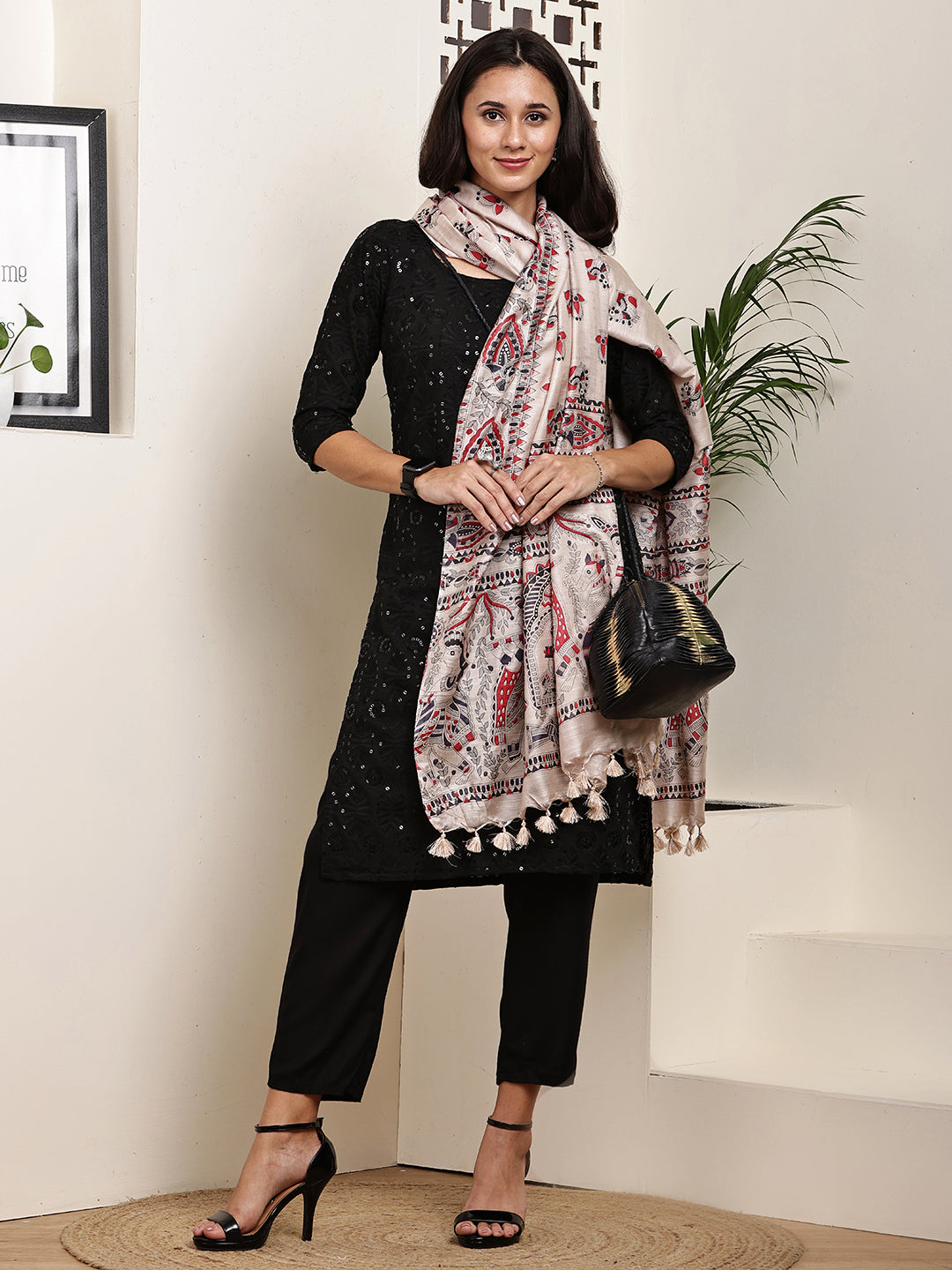 Dupatta-Bhagalpuri Katan - Madhubani Black+Red Mayur