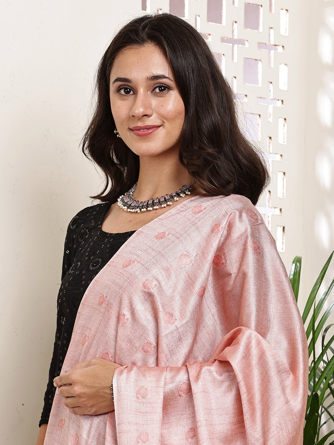 Dupatta-Cotton Silk -Pink Border Ambi Buti