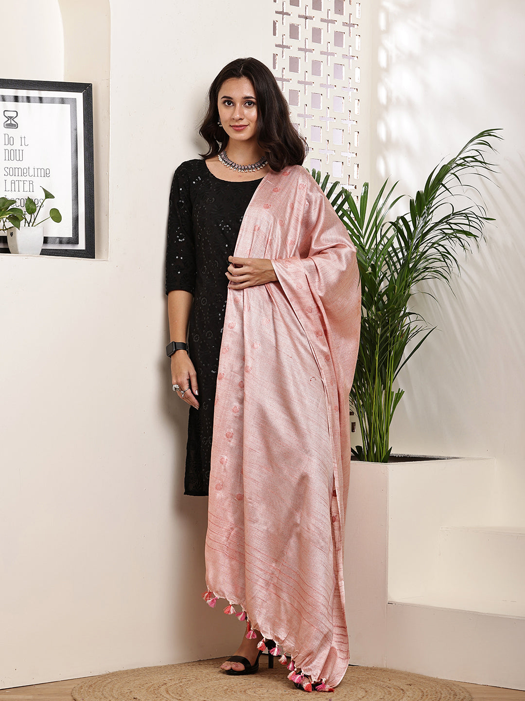 Dupatta-Cotton Silk -Pink Border Ambi Buti