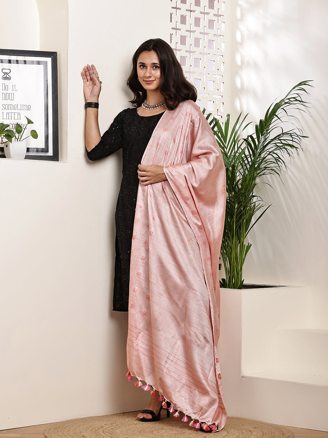 Dupatta-Cotton Silk -Pink Border Ambi Buti
