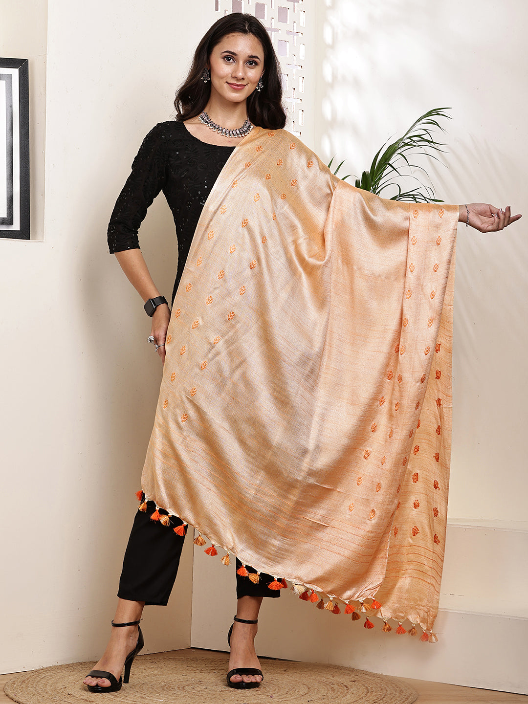 Dupatta-Cotton Silk -Orange Border Buti