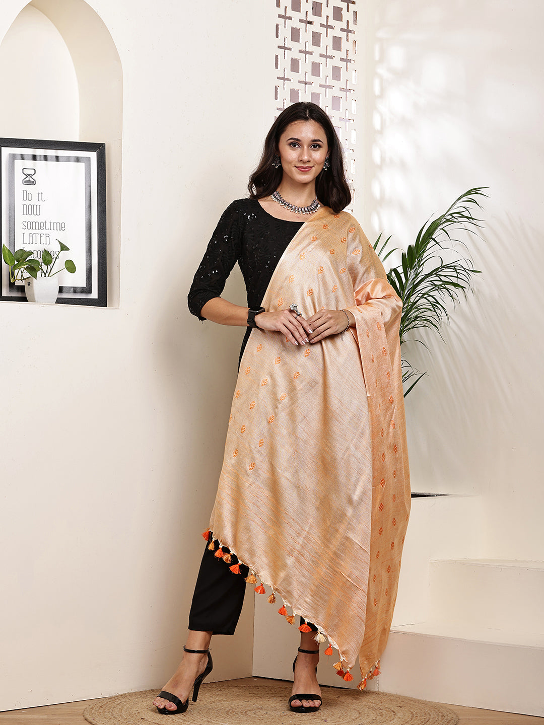 Dupatta-Cotton Silk -Orange Border Buti